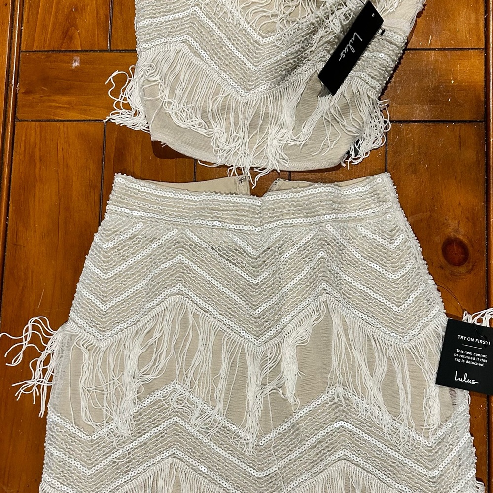 NEW Lulus White Sequin Fringe Two-Piece - Picture 2 of 2